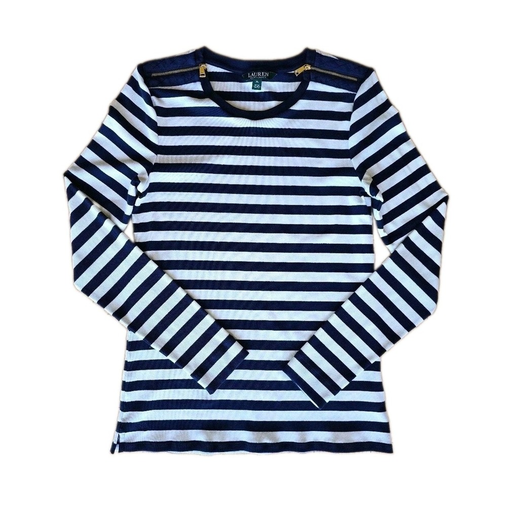 Ralph LAUREN Navy Long Sleeve Woman Preppy Striped Nautical Fishermancore Top XL